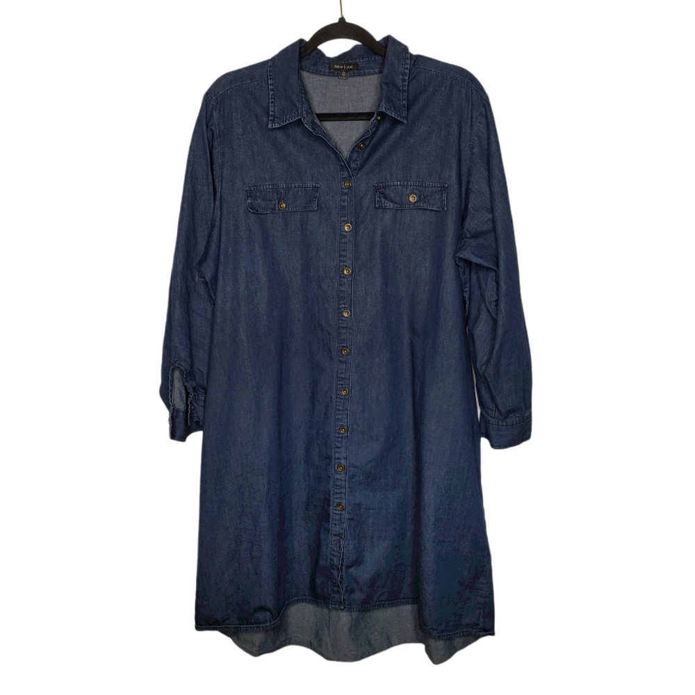 New Look Chambray Dress Dark Wash Tab Sleeve - Picture 2 of 6